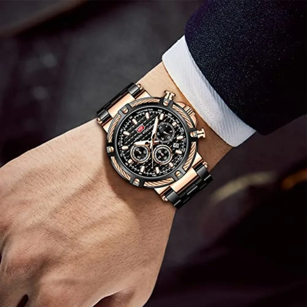 Stainless Steel Chronograph Watch with Luminous Hands, Water Resistant